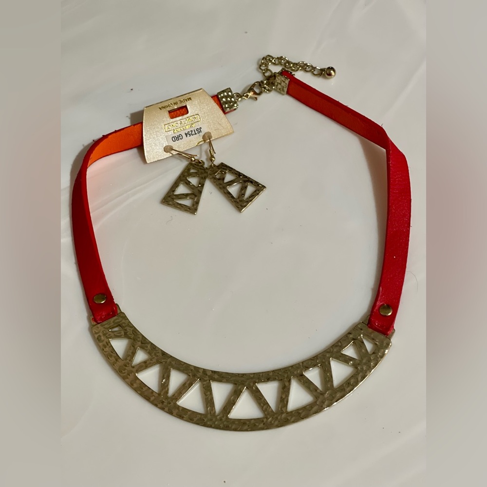 NEW Lot x 2 red with gold hardware necklace with earrings